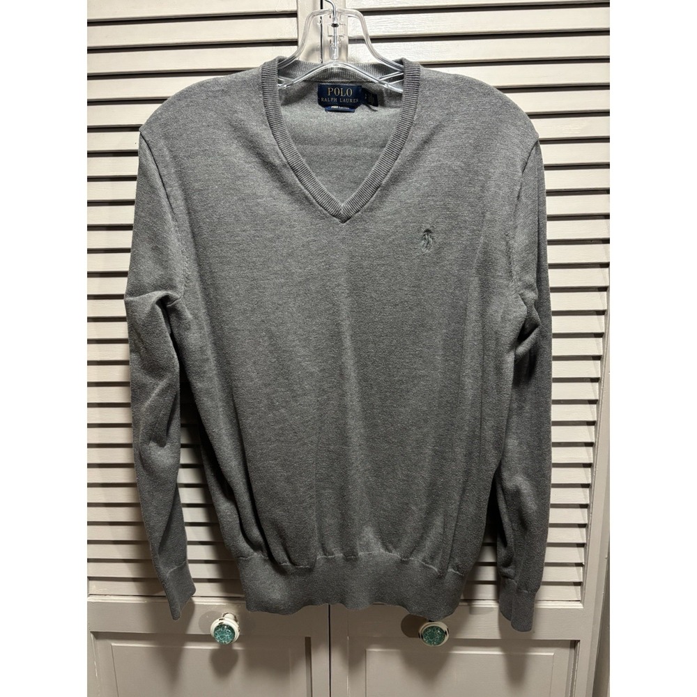 Polo Ralph Lauren Soft Knit Sweater V Neck Size L Gray Long Sleeve Logo Designer